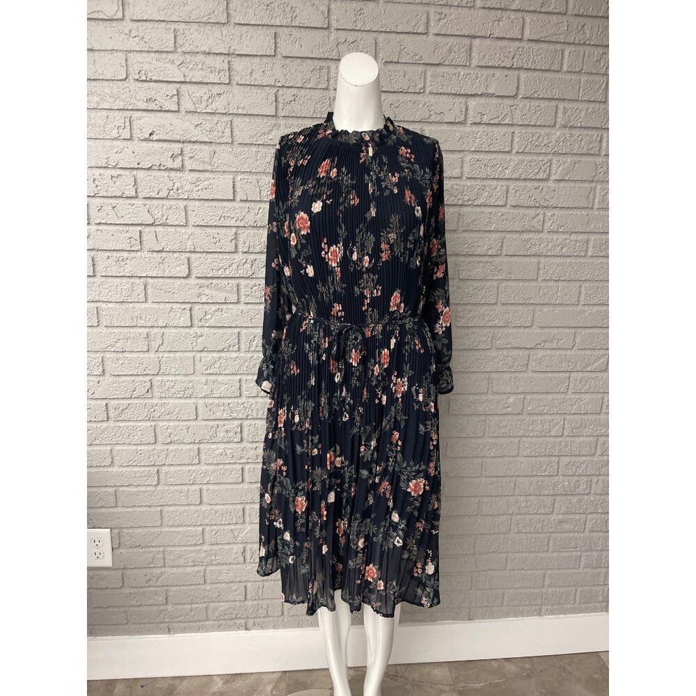 Elegant Floral Pleated Chiffon Women Midi Dress with Long Sleeve Size L